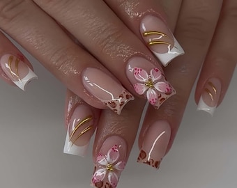 Wedding nails,Floral Nails hand painted nail,custom press on nails,Square Nails,3D Nails,French Nails,Acrylic Nails ,gift