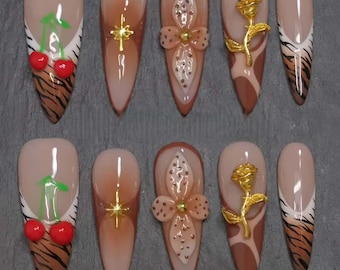 Wedding nails ,Cherry Floral Nails,French nails,hand painted nail,custom press on nails,3D Nails,Almond Nails,Acrylic Nails