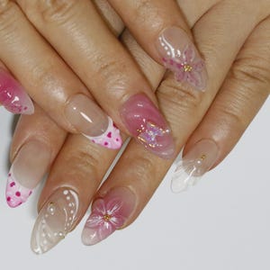 Wedding nails,Flower Butterfly Nails hand painted nail,custom press on nails,3D Nails,Campanula Nails,Acrylic Nails ,floral nails,Pink Nails