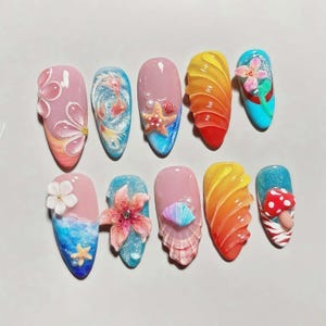 Wedding nails ,Flower Nails hand painted nail,custom press on nails,3D Nails,Campanula Nails,Acrylic Nails  ,Rain bow nails,Ocean Nails