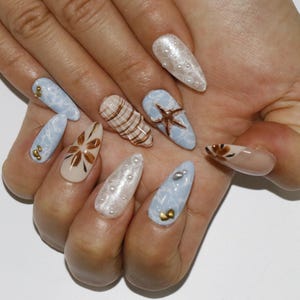 Wedding nails ,Shell Starfish  Nails hand painted nail,custom press on nails,3D Nails,Campanula Nails,Acrylic Nails  ,floral nails