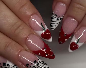 Almond nails,Cherry Nails,French nails,hand painted nail,custom press on nails,3D Nails,Acrylic Nails,gift