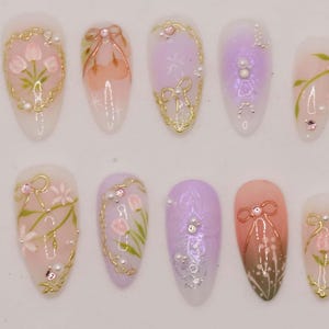 Wedding nails ,Flower Nails hand painted nail,custom press on nails,3D Nails,TulipNails,Acrylic Nails  ,Pink nails,Nails,Girl gift,birthday