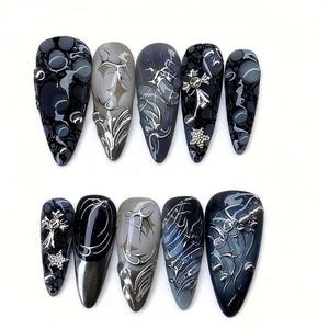 Wedding nails ,Y2K Nails hand painted nail,custom press on nails,3D Nails,Campanula Nails,Acrylic Nails  ,Black nails,Girl Nails