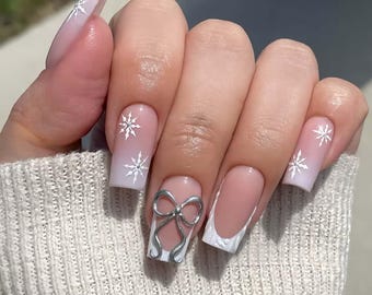 Wedding nails ,Bow Nails hand painted nail,French nails,custom press on nails,3D Nails,Acrylic Nails,Pink Nails