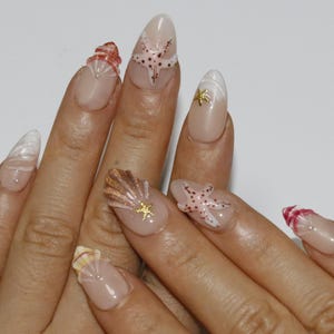 Wedding nails ,Shell Seastar Nails hand painted nail,custom press on nails,3D Nails,Campanula Nails,Acrylic Nails  ,floral nails,Pink Nails
