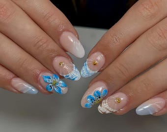Ongles de mariage, ongles peints à la main de fleurs, presse personnalisée sur les ongles, ongles 3D, ongles acryliques, ongles en amande, cadeau