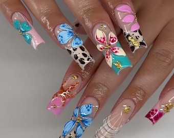 Wedding nails,Floral Nails hand painted nail,custom press on nails,Square Nails,3D Nails,French Nails,Acrylic Nails ,gift