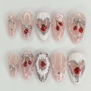 Wedding nails ,Flower Nails hand painted nail,custom press on nails,3D Nails,Strawberry Nails,Acrylic Nails  ,Pink nails,Nails,Girl gift