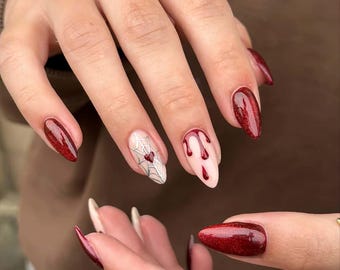 Ongles de mariage, ongles rouges, ongles français, ongle peint à la main, presse personnalisée sur les ongles, ongles 3D, ongles en amande, ongles en acrylique