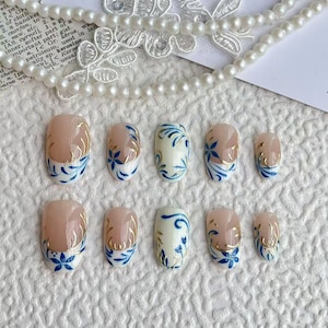 Wedding nails ,Flower Nails hand painted nail,custom press on nails,3D Nails,Campanula Nails,Acrylic Nails  ,Almond nails,French Nails,Gift