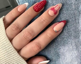 Wedding nails ,Bow Nails hand painted nail,French nails,custom press on nails,3D Nails,Acrylic Nails,Pink Nails