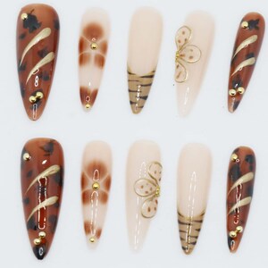 Wedding nails ,Brown Nails hand painted nail,custom press on nails,3D Nails,Almond Nails,Acrylic Nails  ,Girl gift,Dreamy nails