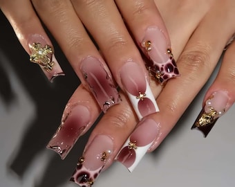 Wedding nails,Floral Nails hand painted nail,custom press on nails,Square Nails,3D Nails,French Nails,Acrylic Nails ,gift