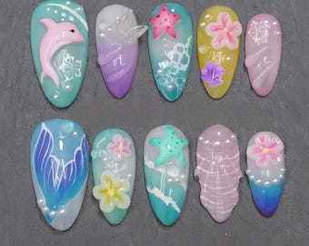 Wedding nails ,Shell Dolphin  Nails hand painted nail,custom press on nails,3D Nails,Almond Nails,Acrylic Nails  ,floral nails