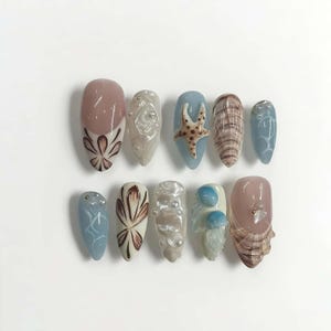 Wedding nails ,Seashell Nails hand painted nail,custom press on nails,3D Nails,Campanula Nails,Acrylic Nails  ,Ocean nails,Girl Nails
