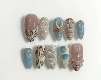 Wedding nails ,Seashell Nails hand painted nail,custom press on nails,3D Nails,Campanula Nails,Acrylic Nails  ,Ocean nails,Girl Nails