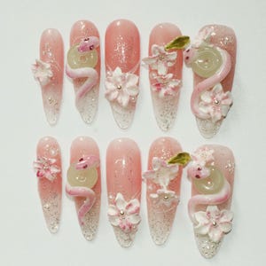 Wedding nails , Snake Nails hand painted nail,custom press on nails,3D Nails,Almond Nails,Acrylic Nails  ,Pink nails,Floral Nails