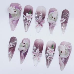 Wedding nails ,Purple Nails hand painted nail,custom press on nails,3D Nails,Ink Painting Almond Nails,Acrylic Nails  ,Girl gift,Snake nails