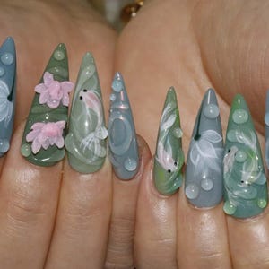 Wedding nails ,Fish Nails hand painted nail,custom press on nails,3D Nails,Campanula Nails,Acrylic Nails  ,Rain bow nails,Black Nails