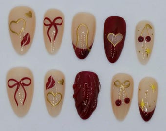 Ongles de mariage, ongles peints à la main ongles rouges, presse personnalisée sur les ongles, ongles 3D, ongles en amande, ongles en acrylique, cadeau fille, ongles de rêve