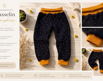 Handgemachte Kinderhose / Pumphose mit Goldenen Punkten – Größe 92 – Bequem & Süß