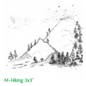 May include: Black and white ink drawing of a mountain scene with hikers and a dog. The drawing is titled "M-Hiking 3x3" and signed "Daryl 2021".