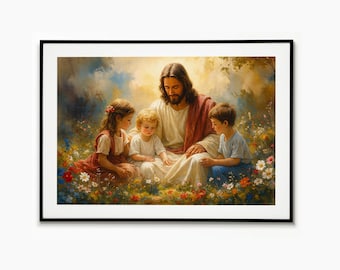 Jesus With Children Print, Christian Wall Art, Faith Wall Art, Christian Decor, Religious Artwork, Jesus Love