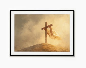 Sunrise Cross Art Print – Minimalist Christian Wall Decor, Spiritual Home Poster, Faith Symbol Painting, Easter Religious Artwork