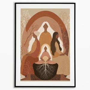 May include: A framed art print featuring a group of four figures in warm earth tones. The figures are depicted with long hair and flowing garments, set against a backdrop of layered arches and botanical elements. The artwork has a spiritual or symbolic theme.