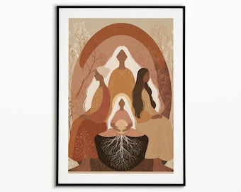 Sacred Feminine Ancestral Roots Art Print, Spiritual Mother Lineage Poster, Divine Women Wall Decor