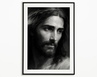 Jesus Portrait Black and White, Christian Wall Art, Religious Printable, Faith Home Decor, Spiritual Artwork, Christian Gift