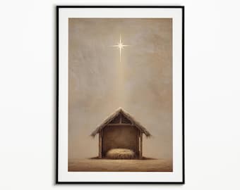 Minimalist Nativity Art - Neutral Christmas Decor, Modern Manger Scene Print, Holy Nativity Wall Art