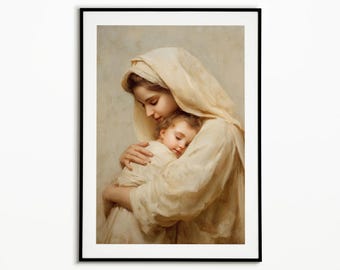Blessed Mother Mary with Baby Jesus Art, Tender Christian Wall Art, Holy Family Religious Painting, Modern Catholic