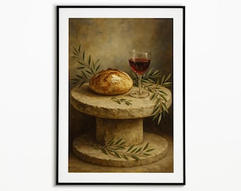 May include: A framed art print featuring a still life composition. A round loaf of bread and a glass of red wine sit on a stone pedestal, adorned with olive branches. The background has a muted, neutral color palette.