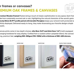 May include: Image showcasing premium oak frames and canvases. The text highlights features like sustainably sourced oak, 20mm profile, and durable Plexiglass. Canvas prints come in slim (0.8") and thick (1.6") options. The image also shows examples of Black Oak, Wood Oak, and White Oak frames.
