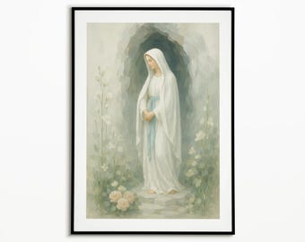 Our Lady of Lourdes Art, Virgin Mary Catholic Art, Gift for Her, Blessed Mother, Christian Home Decor