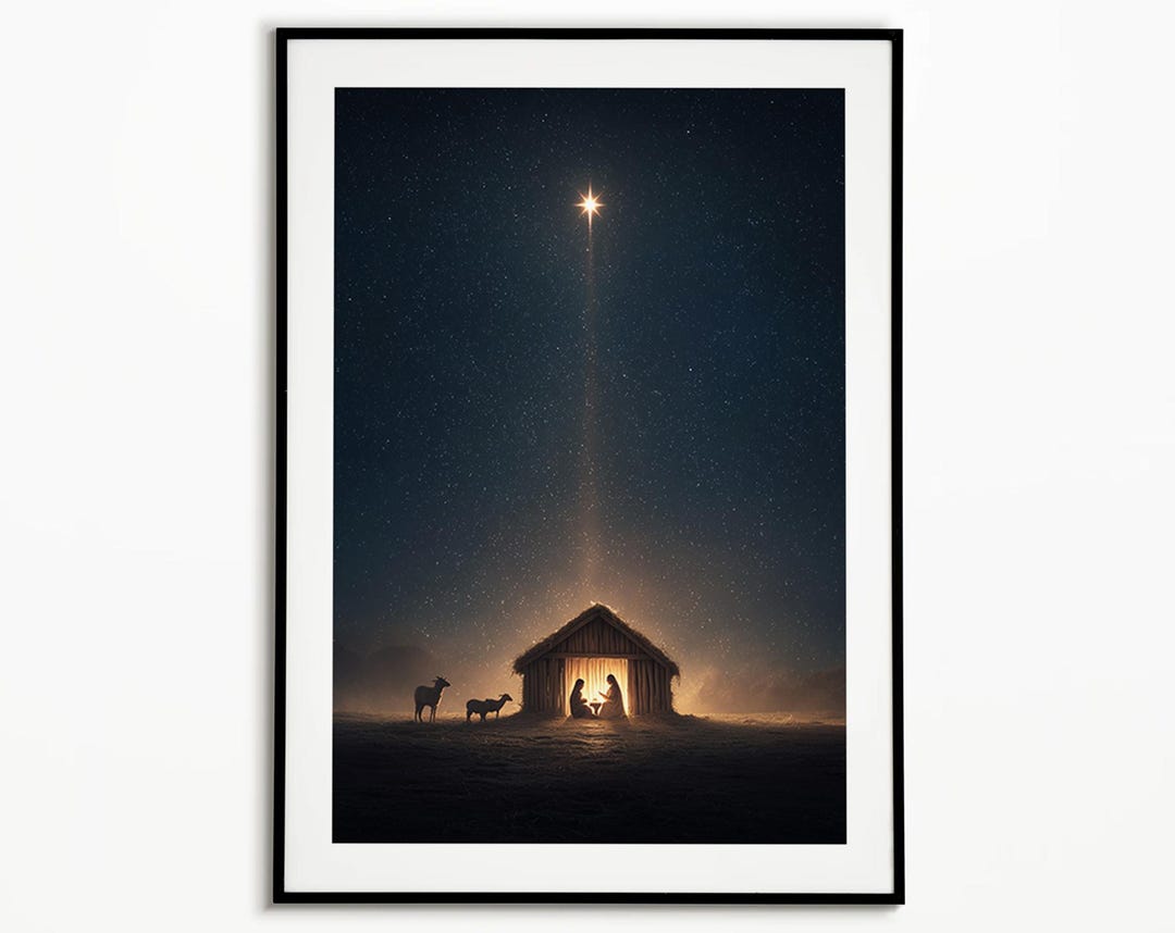 Nativity Scene Art Print – Holy Family Under Star of Bethlehem, Serene ...