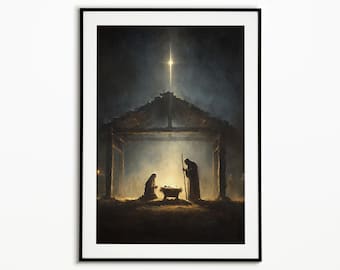 キリスト降誕のシーンのアートプリント、馬小屋の聖家族、キリスト教の