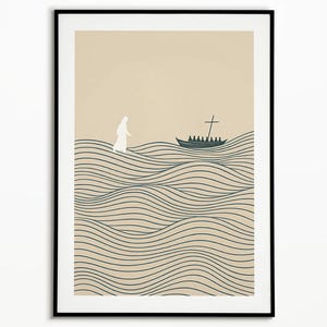 Jesus Walking on Water Print, Minimalist Christian Wall Art, Modern Biblical Artwork, Inspirational Religious, Home Décor