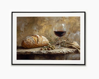 May include: A framed still life painting featuring a loaf of bread, a glass of red wine, olives, and olive branches. The painting has a warm color palette with a textured background and a rustic aesthetic.