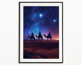 Three Wise Men Night Sky Art, Star of Bethlehem Print, Christmas Wall Decor, Nativity Journey Gift
