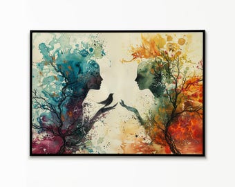 May include: Watercolor painting in a black frame. Two figures with tree-like hair and branches are depicted, one in blue and the other in orange and green. A black bird sits on the hand of the blue figure. The background is a light beige.