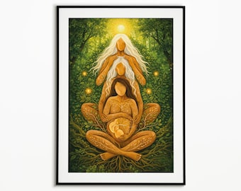 Sacred Mother Earth Pregnancy Art Print, Divine Feminine Poster, Spiritual Nature Wall Decor