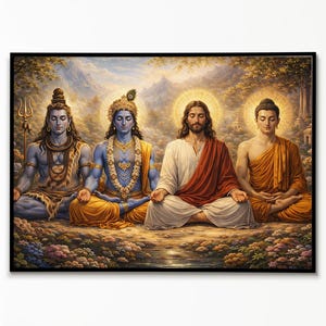May include: A framed art print depicting four spiritual figures in meditation. The figures include a deity with a trident, a blue-skinned deity, Jesus, and Buddha. The artwork features a serene landscape with a river and mountains.