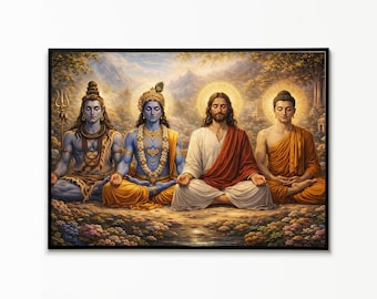 Hindu Gods and Jesus Art Print, Spiritual Unity Poster, Interfaith Religious Wall Decor