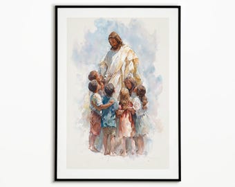 Jesus With Children Wall Poster, Christian Wall Art, Faith Wall Art, Christian Decor, Religious Artwork