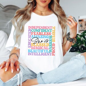 She Is Empowered Shirt – Colorful Inspirational Word Art Tee for Women, Uplifting Affirmation T-Shirt, Feminist Self-Love Gift