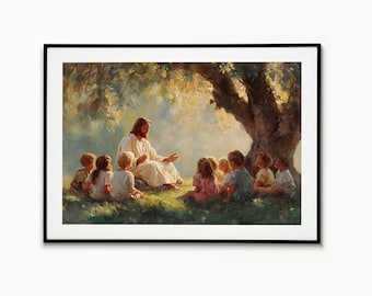 Jesus Teaching Children Poster, Christian Wall Art, Faith Wall Art, Christian Decor, Religious Artwork