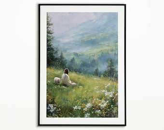 Arte mural de Jesús con cordero, impresión de paisaje cristiano, pintura del Buen Pastor, decoración bíblica para el hogar, obra de arte religiosa inspiradora